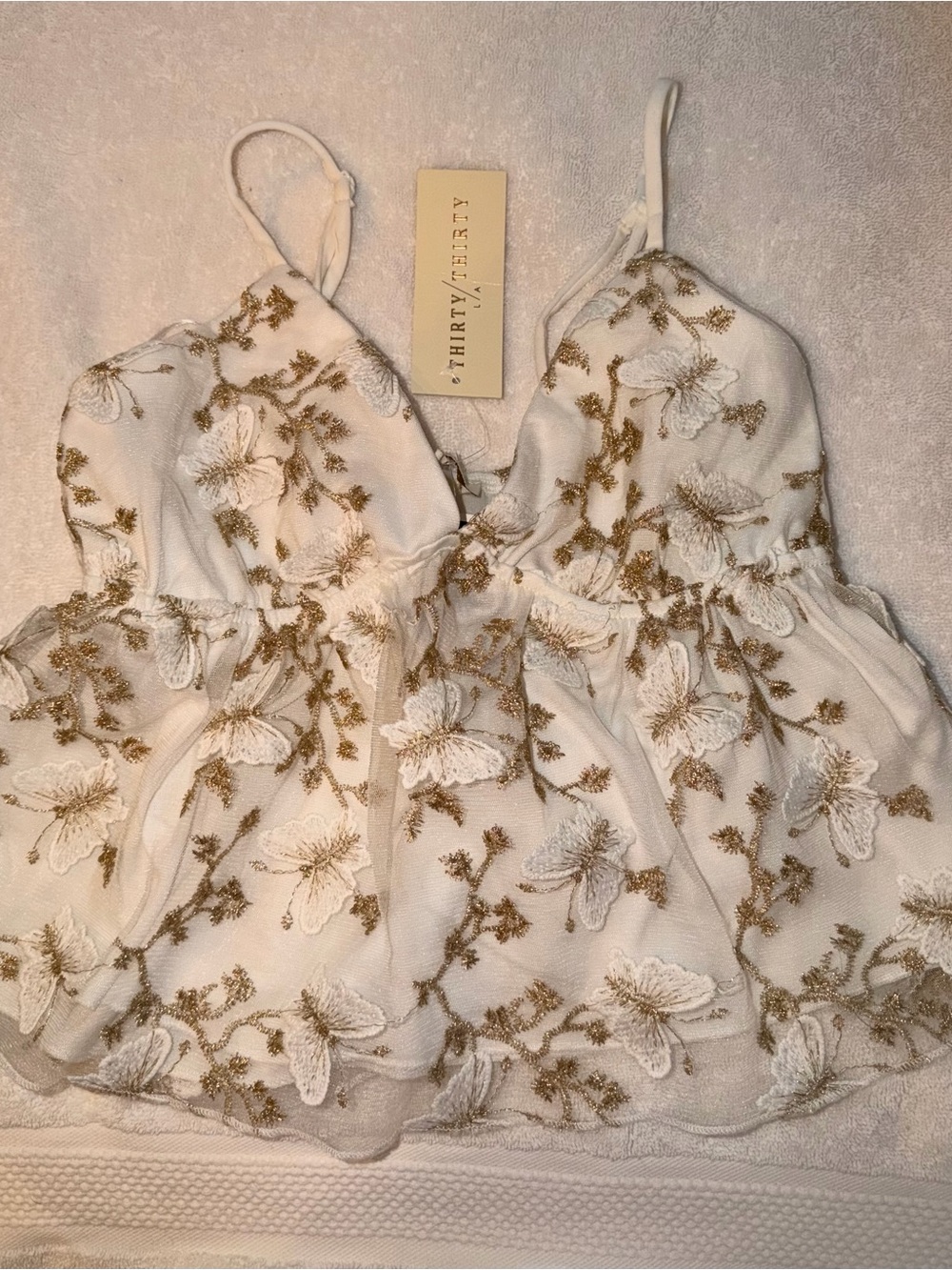 Lace-Embroidered White Cami with Gold Floral Detail - Thirty & Jerry